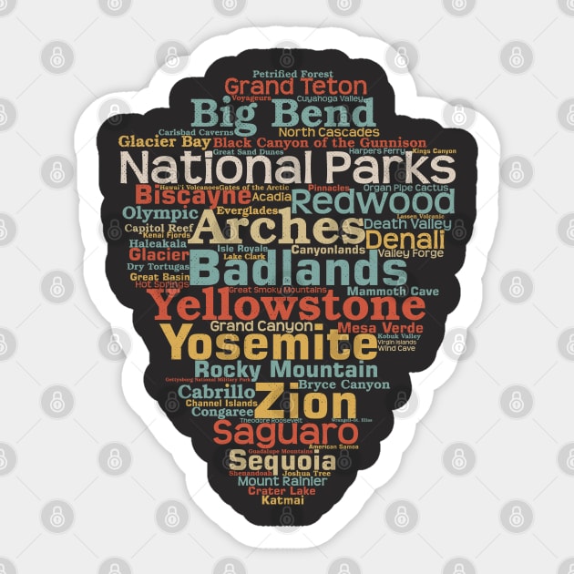 US National Parks Arrowhead Word List Cloud Camping Hiking Retro Sticker by Pine Hill Goods